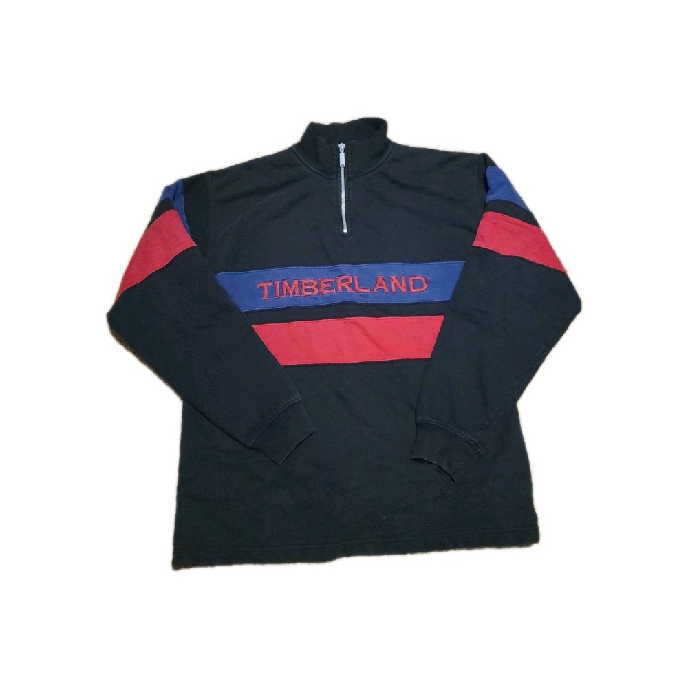 90s Vintage TIMBERLAND 1/4‎ Zip Spellout Striped Sweatshirt 100% Cotton  Large